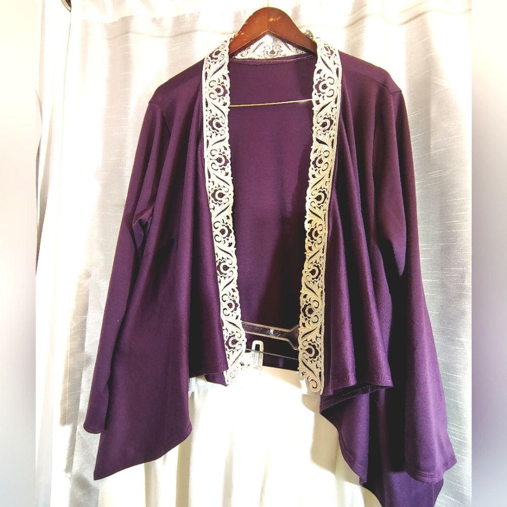 Formal Purple Sweater, Women, Ivory Lace Trim, Open Style, Asymmetrical Hem, 26